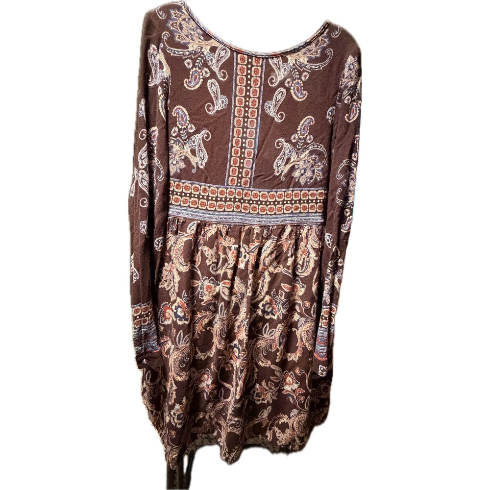 Knox Rose Brown Paisley Floral Long Sleeve Keyhole Back Boho Mini Dress Medium